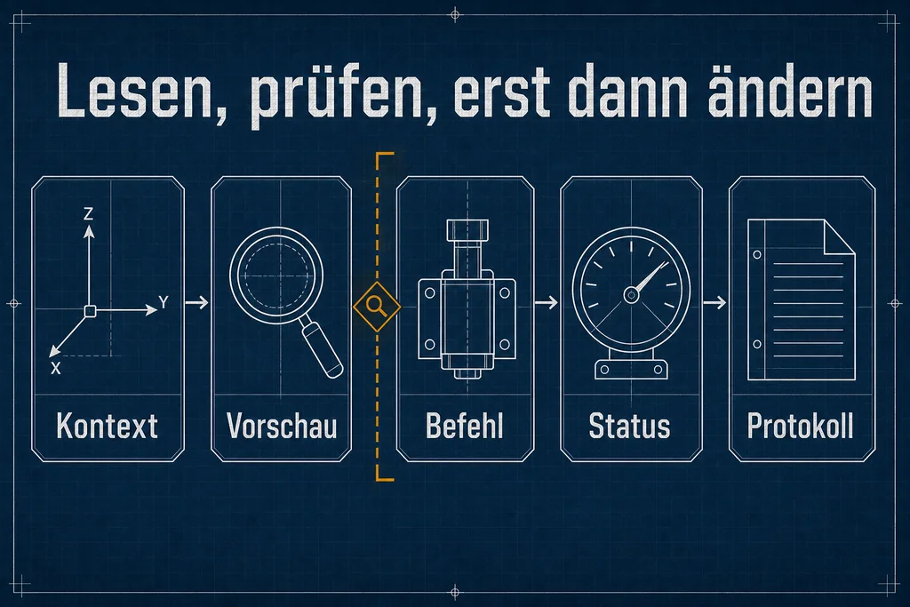 Eine Änderung beginnt nicht mit sudo, sondern mit Kontext und Vorschau. Danach prüfen Sie Status und Protokoll. Prüfkette von Kontext und Vorschau über den Befehl bis zu Status und Protokoll