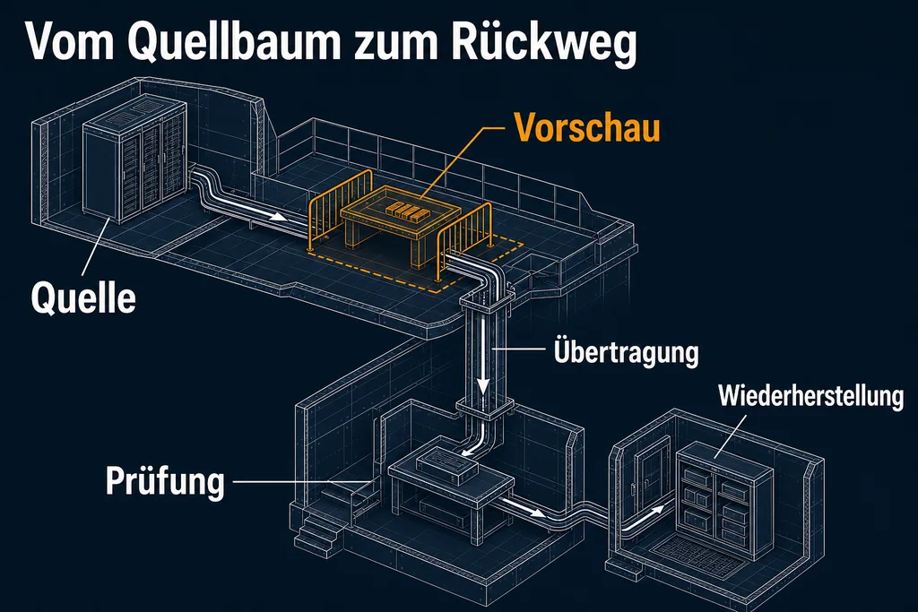 Ein belastbarer Lauf trennt Quelle, Vorschau, Übertragung, Prüfung und Wiederherstellung. Das Ziel ist erst brauchbar, wenn der Rückweg funktioniert. Technische Blaupause eines rsync-Prüfpfads von der Quelle bis zur isolierten Wiederherstellung