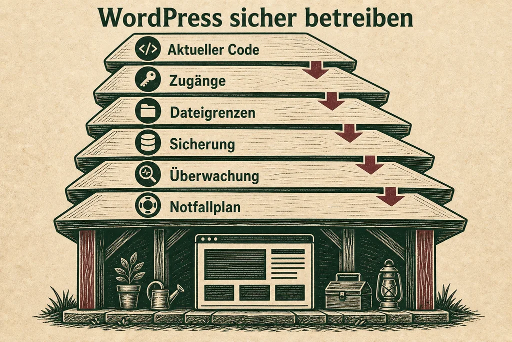 Belastbare Absicherung entsteht aus mehreren Zuständigkeiten, nicht aus einem einzelnen Plugin. Sechs gestufte Schutzschichten für WordPress: aktueller Code, Zugänge, Dateigrenzen, Sicherung, Überwachung und Notfallplan.