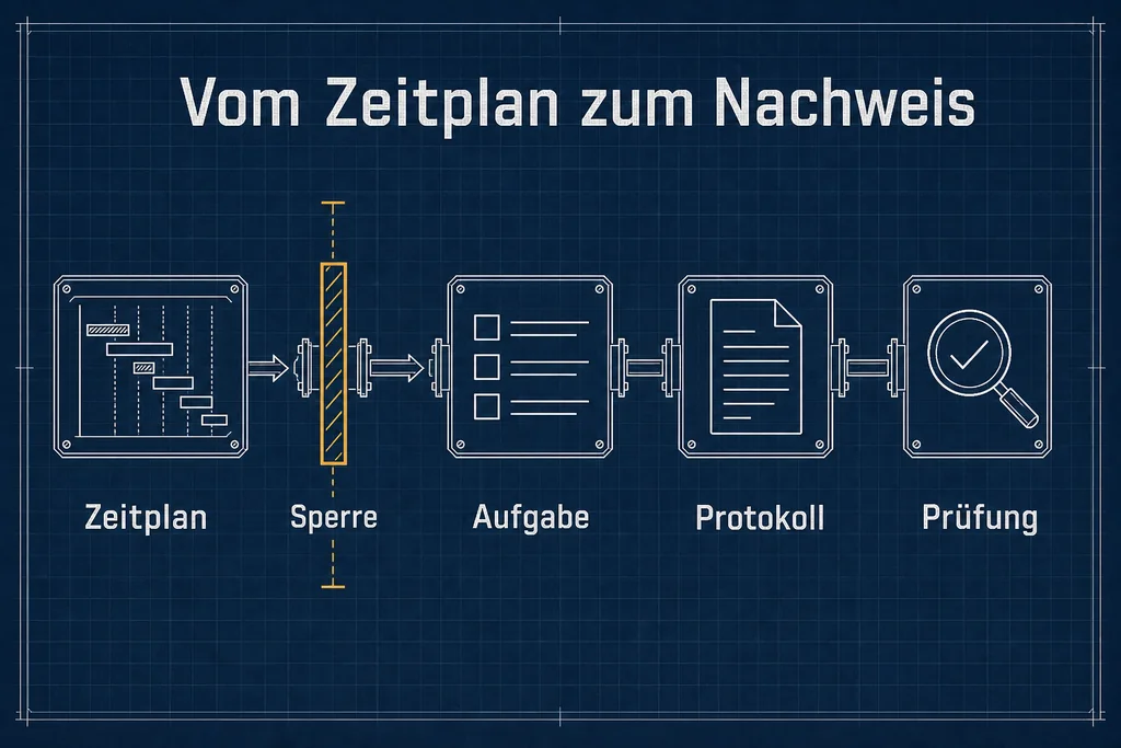 Der Zeitplan ist nur der Auslöser. Sperre, Aufgabe, Protokoll und Prüfung entscheiden, ob der Lauf betriebssicher bleibt. Ablaufplan eines Cronjobs von Zeitplan und Sperre bis Protokoll und Prüfung