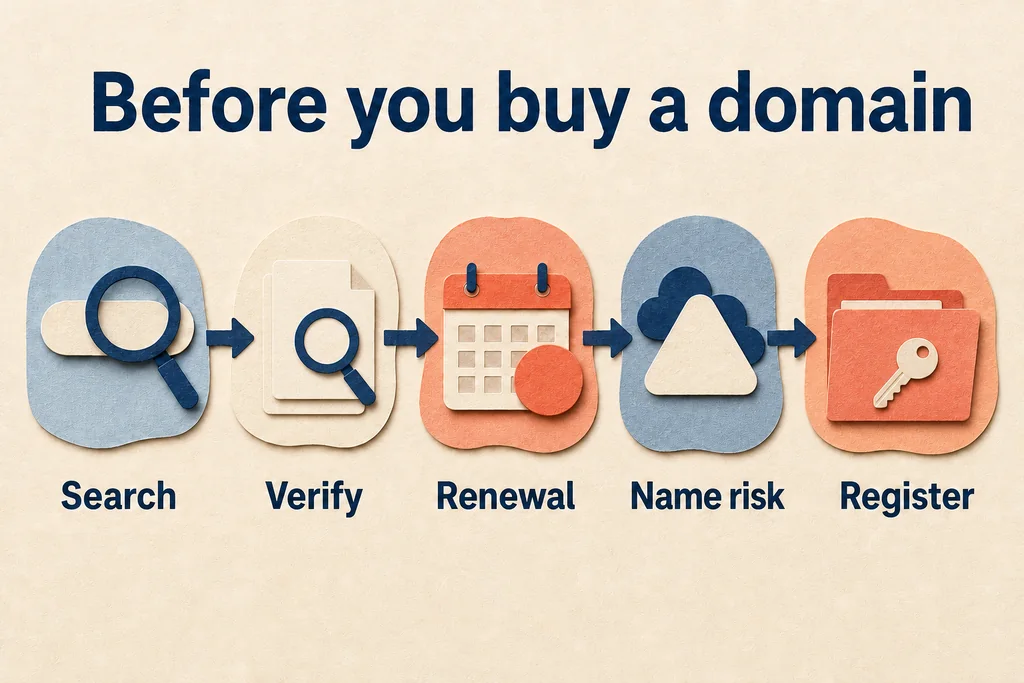 A green search result starts the check; it does not reserve the name or finish the purchase. Five-step domain buying sequence from search and status verification to renewal review, name-risk check, and registration confirmation