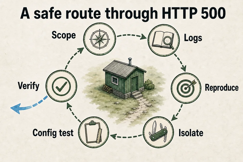 Read the first matching error before changing configuration, permissions, or resource limits. Six-step diagnostic route for an HTTP 500 error from confirming scope and reading logs to testing configuration and verifying recovery