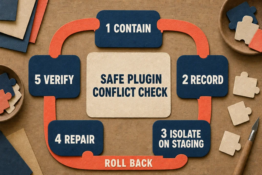 Contain first, record the baseline, isolate on staging, repair the cause, and verify the real business path. Keep rollback available at every step. Cut-paper troubleshooting loop moves from containment and evidence to staging isolation, repair, verification, with rollback available throughout.