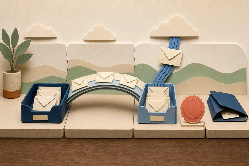 Keep the old system available while you copy mail, change routing, and verify the new mailbox. Cut-paper sequence showing old and new mail systems overlapping until delivery checks are complete