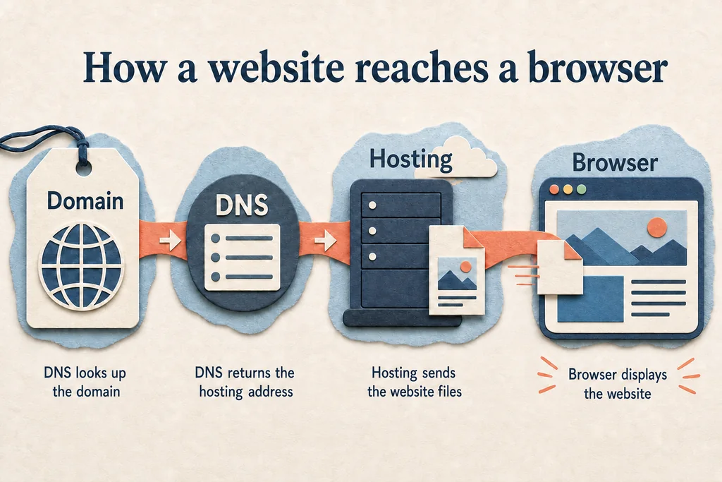 DNS looks up the domain and returns the hosting address; the host sends the website files that the browser displays. Cut-paper sequence showing DNS looking up a domain, finding the hosting address, and a browser displaying the website