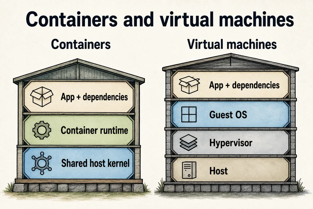 Containers share the host kernel; a virtual machine brings a guest OS above the hypervisor. Layer comparison showing containers sharing the host kernel while a virtual machine includes a guest operating system