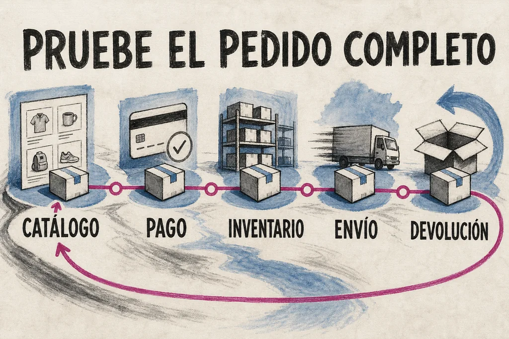 Una tienda está lista cuando el pedido completo funciona, incluida la devolución. Recorrido de un pedido de prueba por catálogo, pago, inventario, envío y devolución.