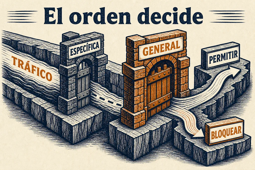 En UFW, la primera coincidencia manda: coloque las excepciones acotadas antes que las reglas generales. Canal de tráfico que pasa primero por una regla específica y después por una general antes de permitirse o bloquearse.