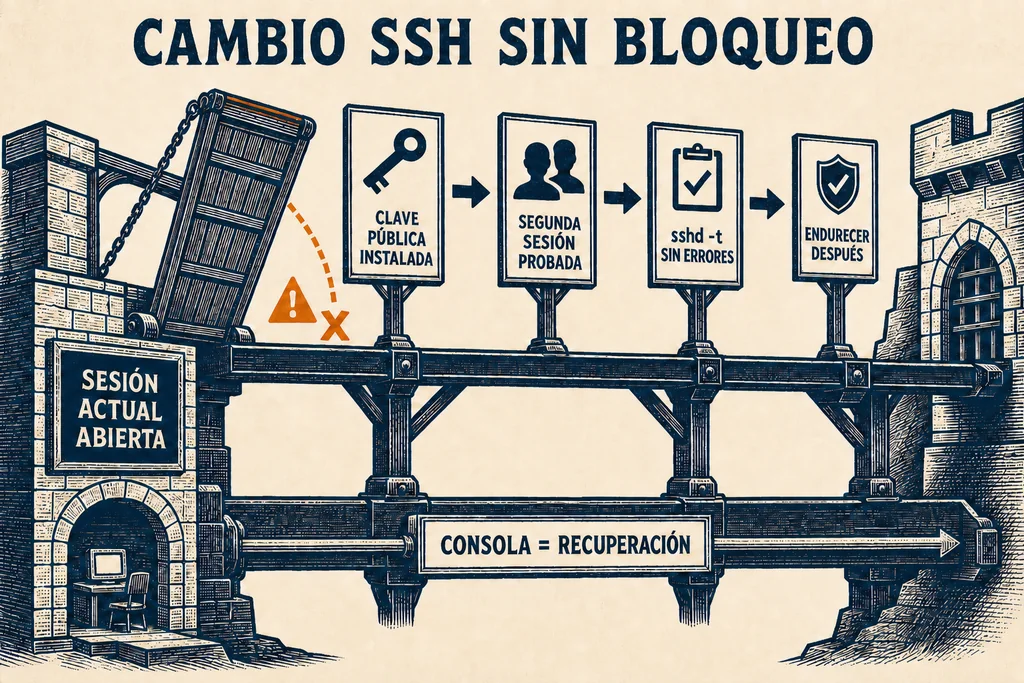 La sesión actual y la consola conservan la salida mientras se prueba la clave y se valida sshd; el endurecimiento llega al final. Secuencia segura para mantener una sesión SSH abierta, probar una segunda conexión, validar sshd y conservar una consola de recuperación