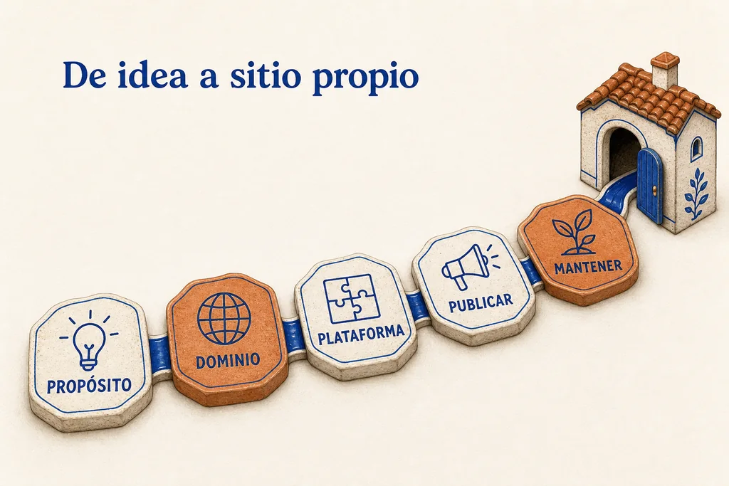 Un blog propio no termina al publicar: dominio, plataforma y mantenimiento forman una misma ruta de control. Cinco pasos cerámicos conectan propósito, dominio, plataforma, publicación y mantenimiento con una casa web propia.