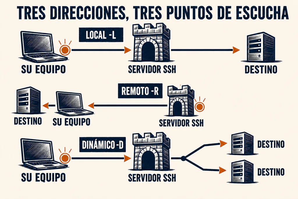Elija por el lugar de escucha y por el lado que puede alcanzar el destino, no por la letra de la opción. Diagrama de reenvío local, remoto y dinámico con sus puntos de escucha y dirección de conexión.