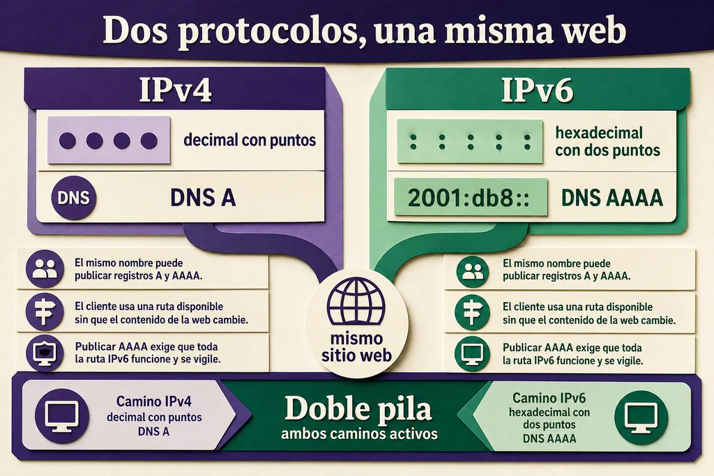 IPv4 e IPv6 pueden servir el mismo sitio a la vez; el registro AAAA solo debe publicarse cuando la ruta IPv6 completa funciona. Comparación entre IPv4 con registro A e IPv6 con registro AAAA, unidos por una configuración de doble pila