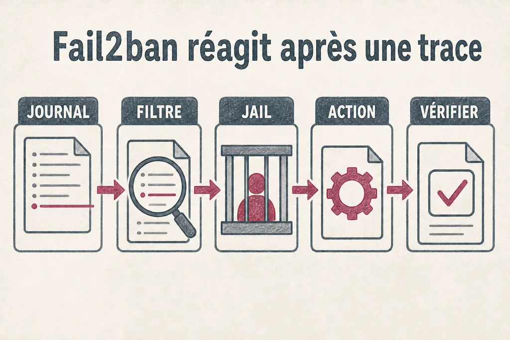 Fail2ban réagit à une trace : le filtre la reconnaît, le jail compte, l’action bannit, puis l’administrateur vérifie. Chaîne de traitement Fail2ban du journal jusqu’à la vérification du bannissement
