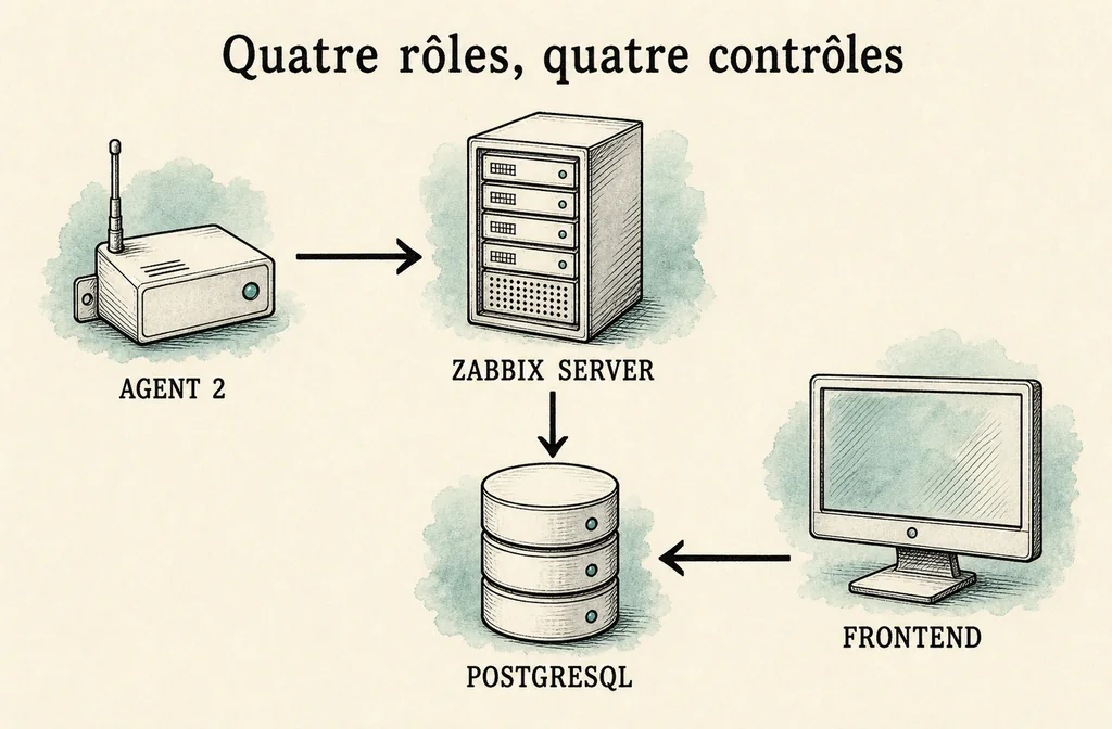 L’agent collecte, le serveur traite, PostgreSQL conserve et le frontend consulte. Chaque liaison mérite son propre contrôle réseau et TLS. Schéma séparant agent, serveur Zabbix, base PostgreSQL et frontend