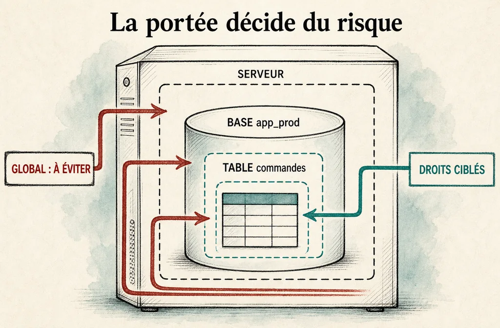 Un compte applicatif gagne à recevoir seulement les opérations nécessaires sur sa base ou ses tables, pas des privilèges globaux par défaut. Schéma des portées de privilèges MySQL au niveau serveur, base et table