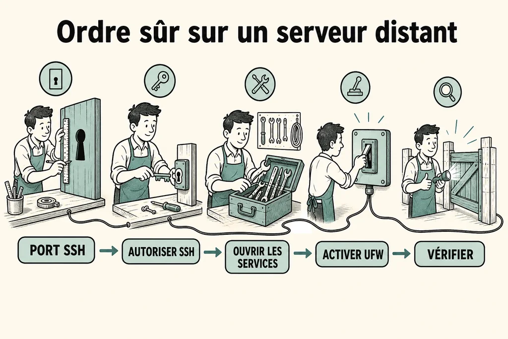 Identifiez et autorisez le port SSH avant d’activer UFW, puis vérifiez l’accès depuis une seconde session. Séquence sûre pour activer UFW sur un serveur distant sans couper SSH