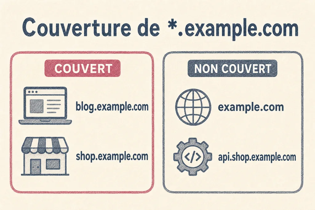 Le wildcard couvre un seul libellé devant example.com. Le domaine nu et un nom imbriqué demandent un SAN supplémentaire. Schéma montrant les noms couverts et non couverts par le certificat *.example.com