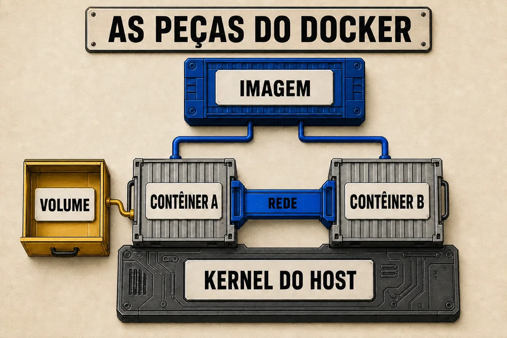 Imagem define o pacote; contêiner executa o processo; volume preserva dados; rede libera comunicação; o kernel continua sendo do host. Diagrama mostra uma imagem criando dois contêineres, ambos sobre o kernel do host, ligados por rede e usando volume persistente separado.