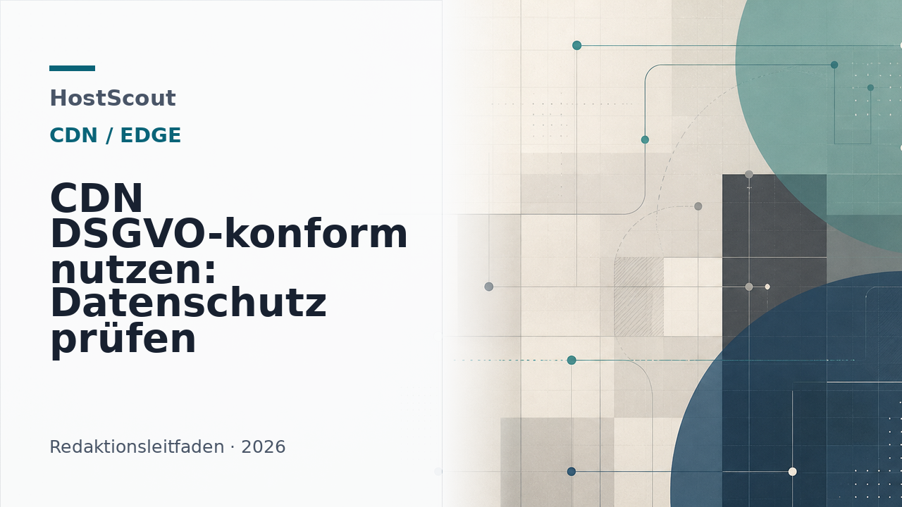 Abstrakte HostScout-Grafik zu CDN, Datenschutz und DSGVO-Prüfung im DACH-Markt