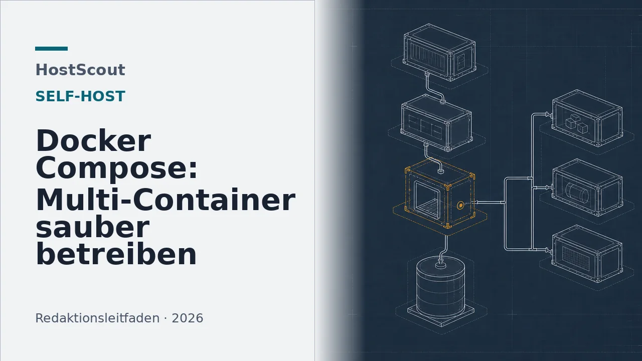 Technischer Bauplan mehrerer verbundener Container-Dienste mit markiertem Prüfpunkt