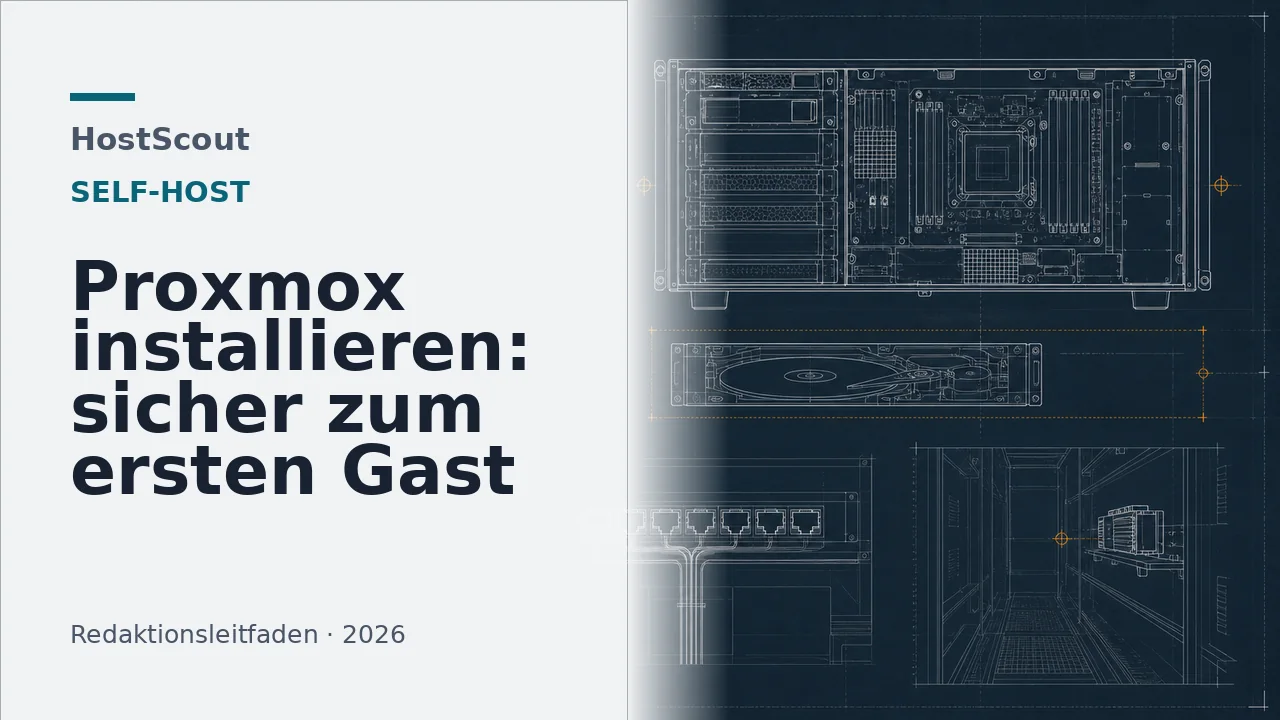 Technischer Ablauf einer Proxmox-Installation von Hardware und Zielplatte bis zum Testgast