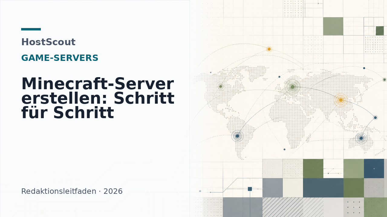 HostScout-Titelgrafik zu Minecraft-Servern mit Server-Rack und Spielwelt-Motiv