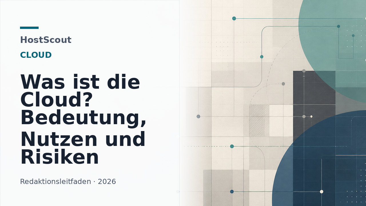 Abstrakte Cloud-Infrastruktur mit Serverknoten und klarer HostScout-Typografie