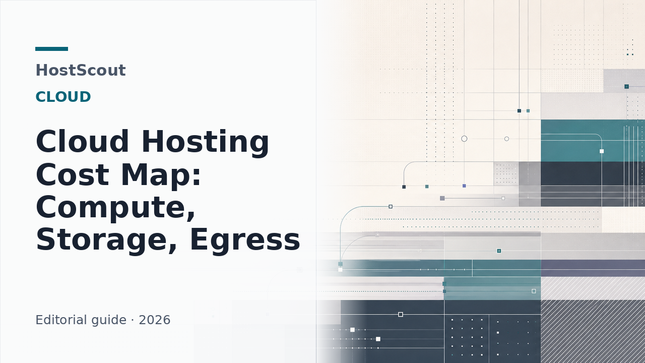HostScout cover for a cloud hosting cost map comparing compute, storage and outbound traffic signals.