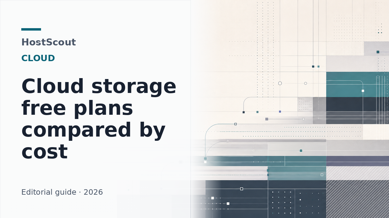 HostScout cover for a cloud storage comparison focused on free tiers, traffic fees, and lock-in risk