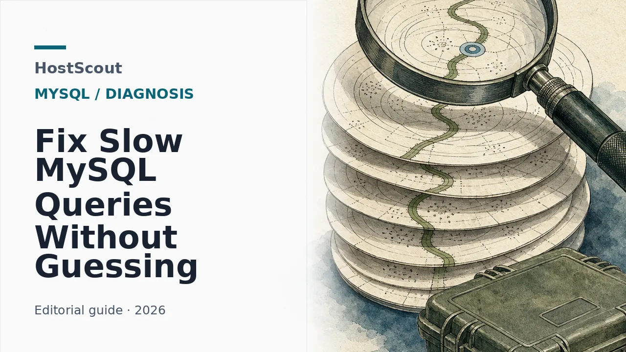 HostScout editorial cover about diagnosing a slow MySQL execution path