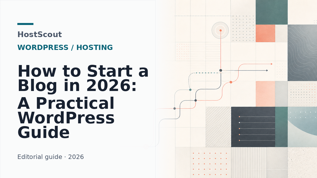 Abstract editorial cover for starting a blog with hosting, domain, and publishing checkpoints