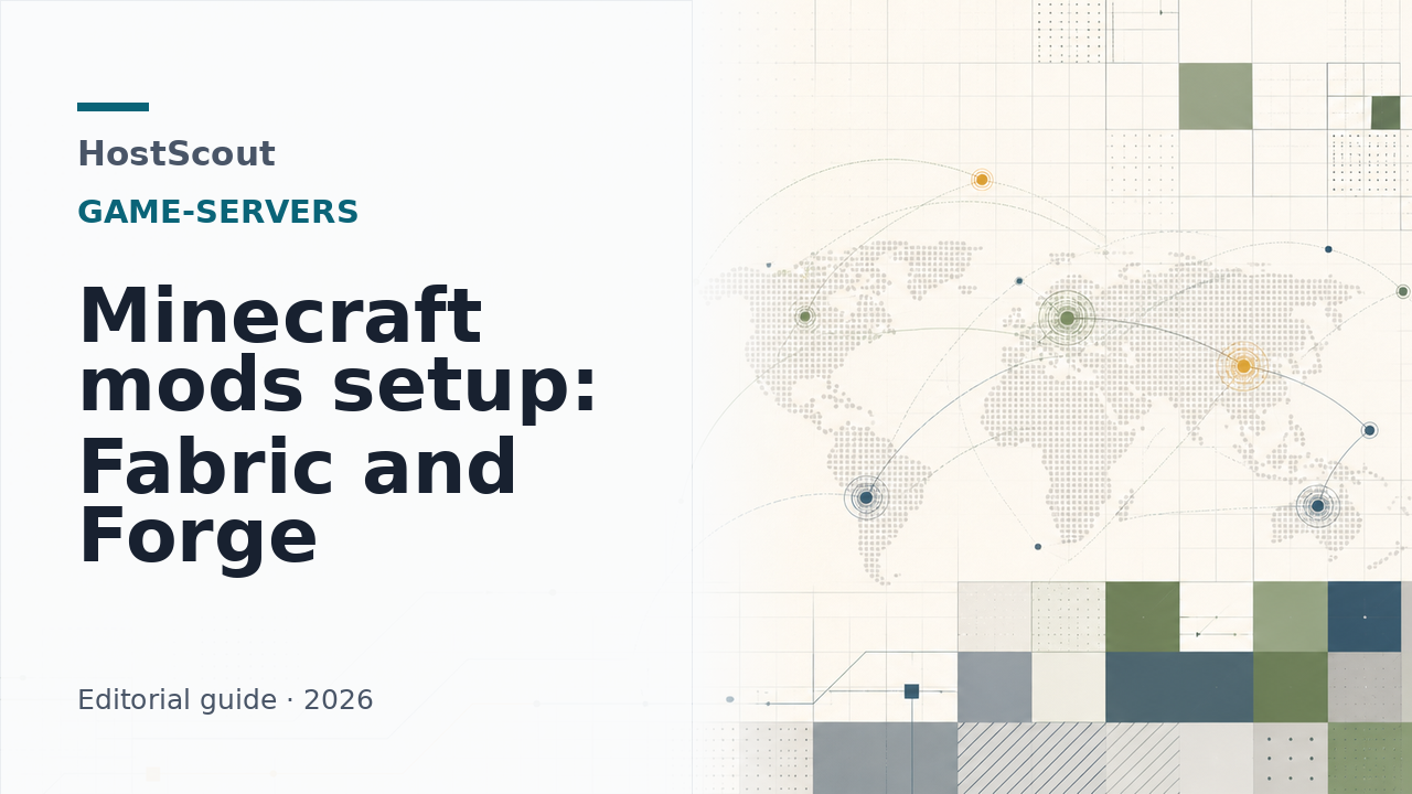 HostScout cover for a Minecraft mods setup guide comparing Fabric and Forge