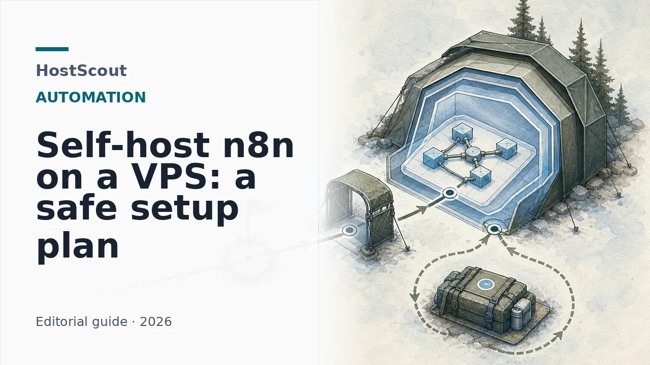 HostScout field-guide cover about self-hosting n8n safely on a VPS