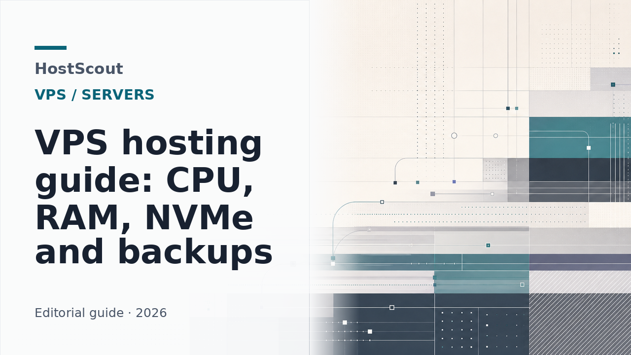 HostScout cover for a VPS hosting guide about CPU, RAM, NVMe storage and backup limits.