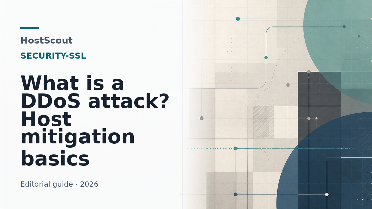 HostScout cover for a guide explaining DDoS attacks and hosting mitigation choices