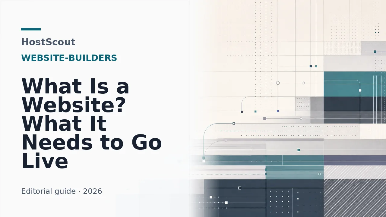 A layered path connects a domain, DNS, hosting, and a browser for a website launch