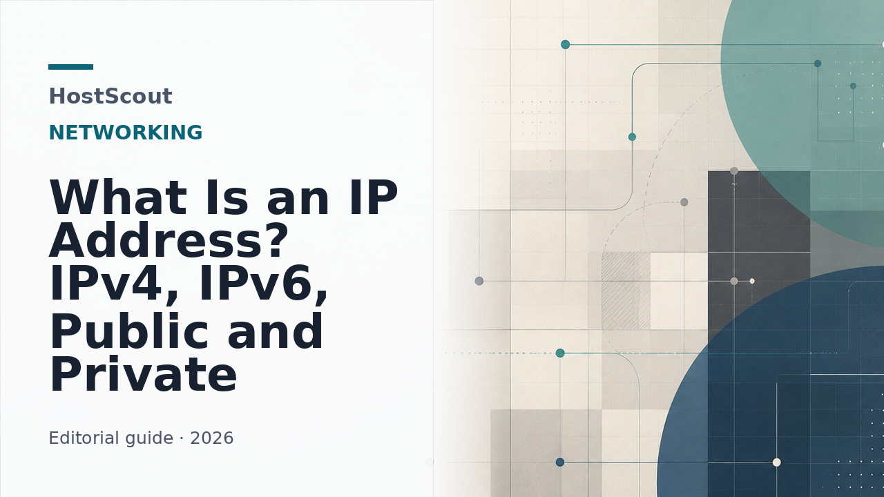HostScout cover for a glossary guide explaining public and private IP addresses for hosting.