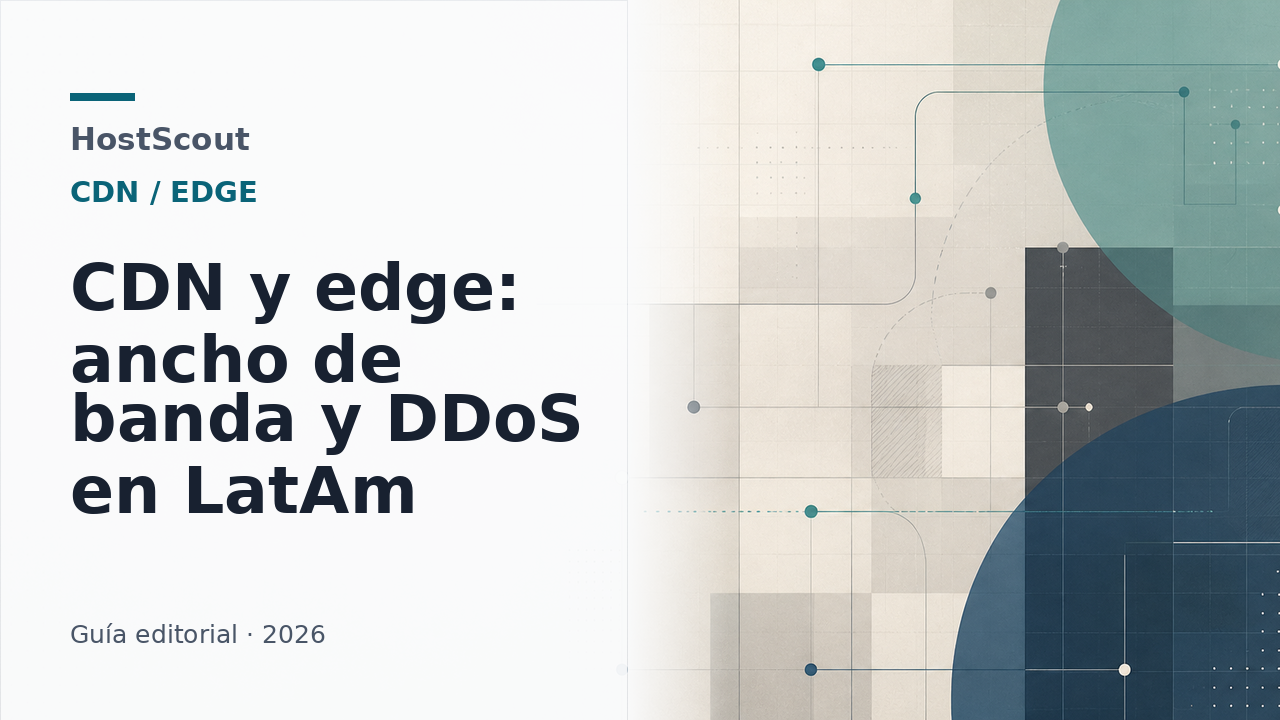 Ilustración editorial de una red CDN y edge con paneles de tráfico, peticiones y protección DDoS