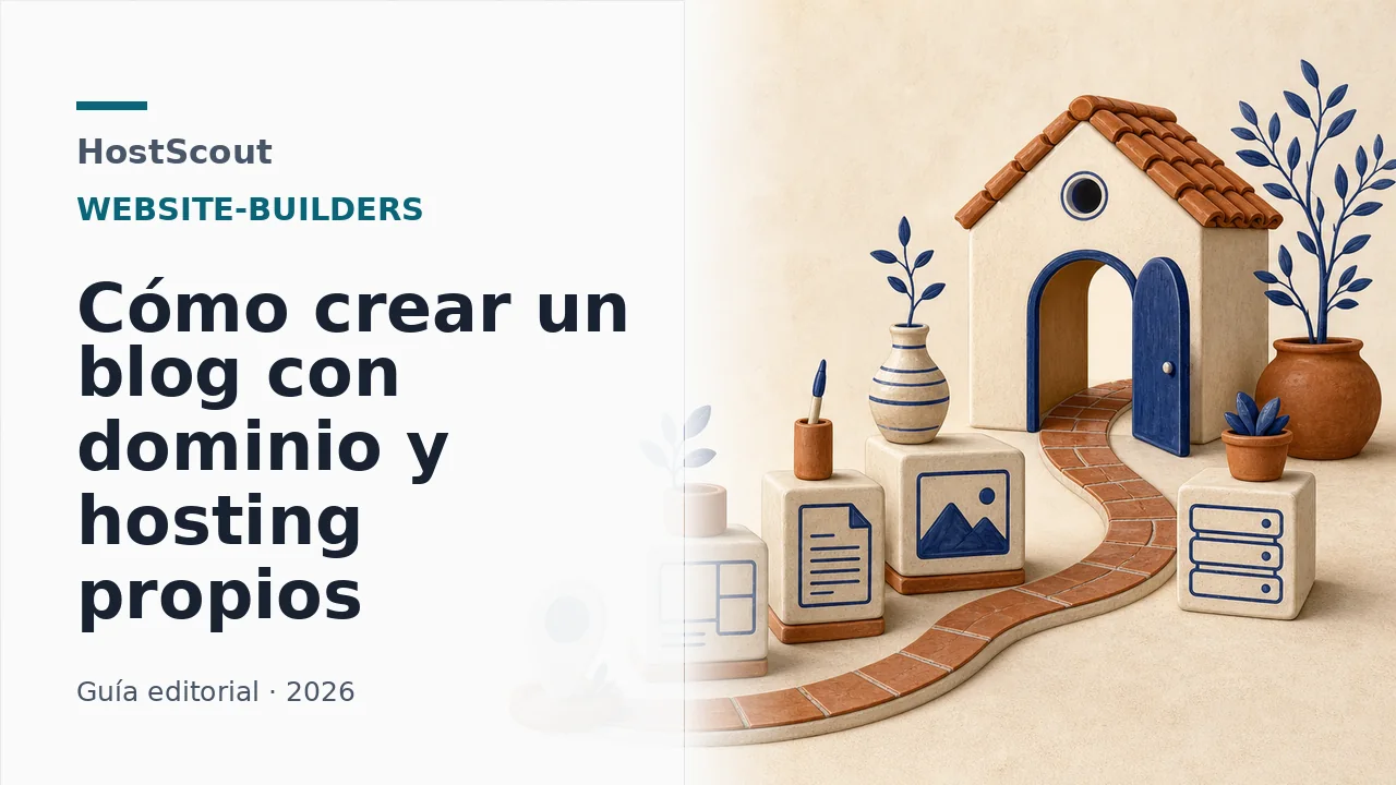 Un camino de módulos editoriales conduce desde un dominio hasta una pequeña casa web propia.