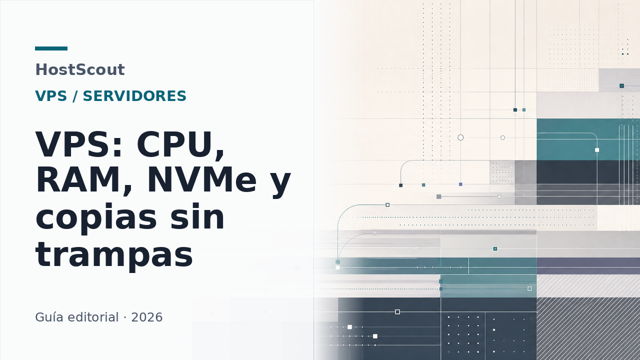 Portada editorial de HostScout sobre CPU, RAM, NVMe y copias de seguridad en un VPS