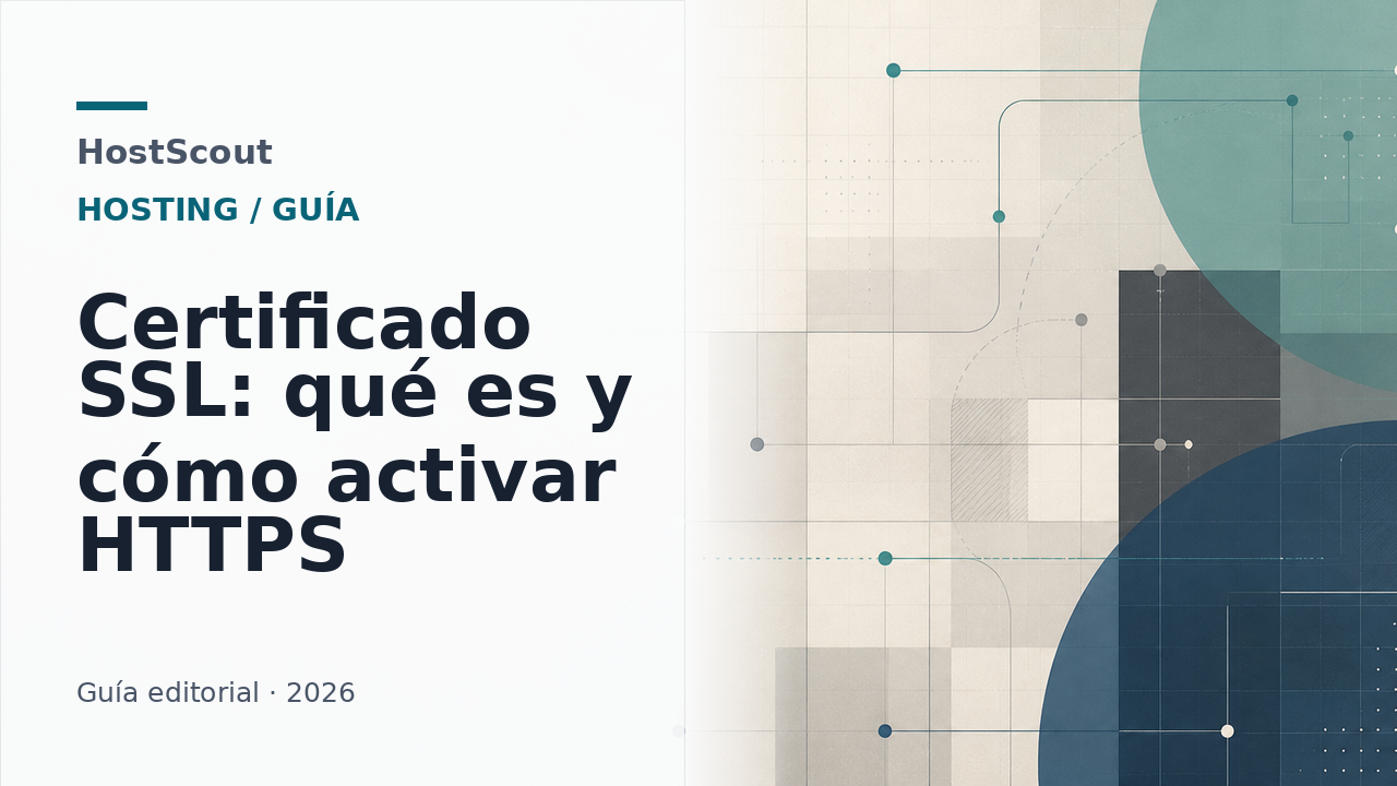 Ilustración editorial de HostScout sobre un certificado SSL y una conexión HTTPS segura