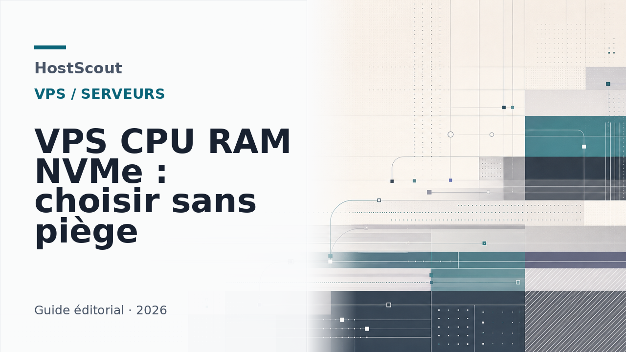 Illustration HostScout d'un guide VPS sur le choix du CPU, de la RAM, du stockage NVMe et des sauvegardes.