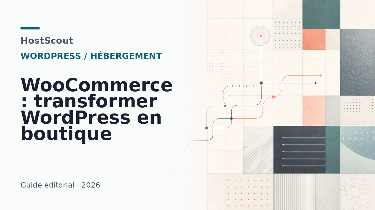 Illustration HostScout d'une boutique WooCommerce reliée à son hébergement WordPress