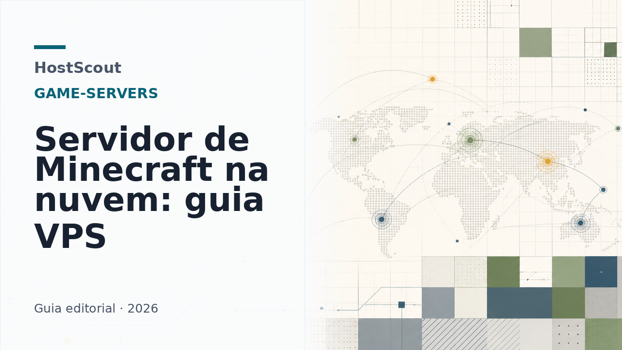 Capa HostScout sobre servidor de Minecraft na nuvem com blocos abstratos e painel de infraestrutura