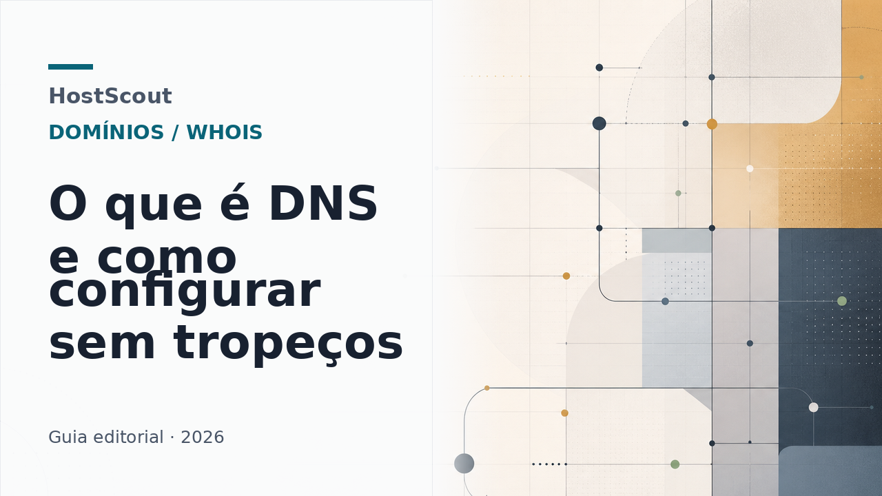 Ilustração editorial da HostScout sobre configuração de DNS para domínios, site e e-mail