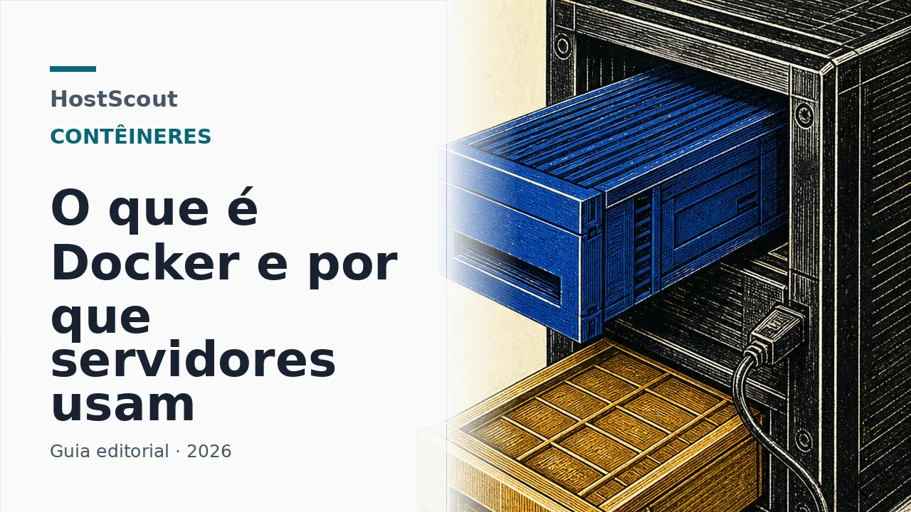 Capa editorial da HostScout sobre os componentes do Docker em um servidor