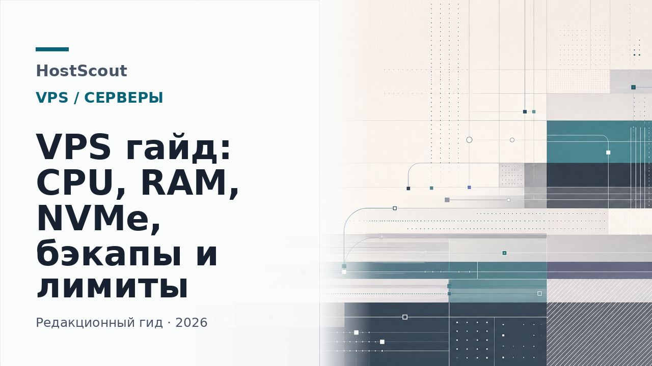 Обложка HostScout о выборе VPS по CPU, RAM, NVMe и лимитам резервных копий